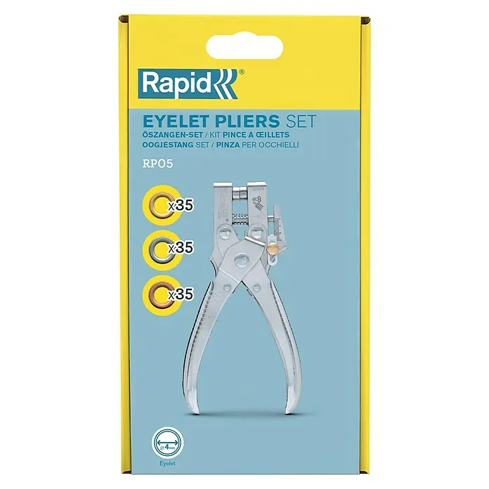 Rapid Ösenzange RP05 - Geeignet für: Ösen Ø 4 mm - Bild einer Rapid Ösenzange RPO5 mit Ösen in Gold, Silber und Bronze. Präzises Werkzeug zum Anbringen von Ösen an Stoffen und Leder.