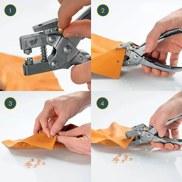 Rapid Ösenzange RP05 - Geeignet für: Ösen Ø 4 mm - Vier Bilder zeigen die Verwendung einer Nietenzange zum Anbringen von Nieten an Lederstücken. Das Werkzeug ist präzise und einfach zu bedienen.