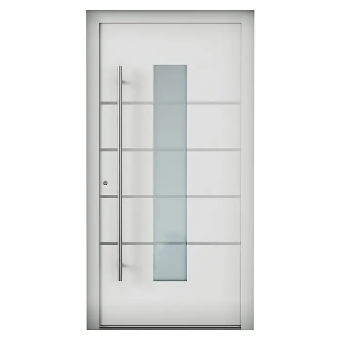 Aurelis Haustür BH 131 - 110 x 210 cm, DIN Anschlag: Links, Lichtgrau/Weiß - Moderne weiße Haustür mit vertikalem Fenster und Edelstahlgriff.