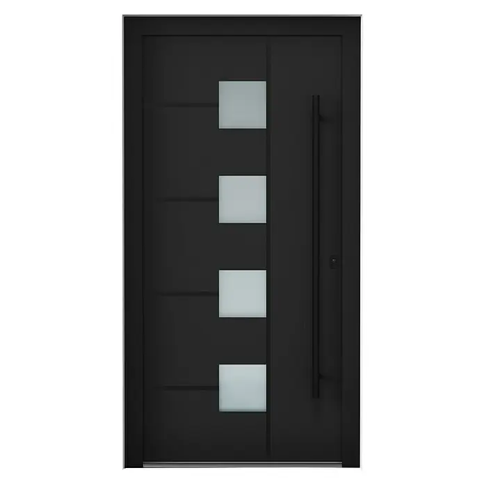 Aurelis Haustür BH 621 - 110 x 210 cm, DIN Anschlag: Rechts, Tiefschwarz/Weiß - Moderne schwarze Haustür mit vier quadratischen Glaseinsätzen und einem langen, senkrechten Türgriff.
