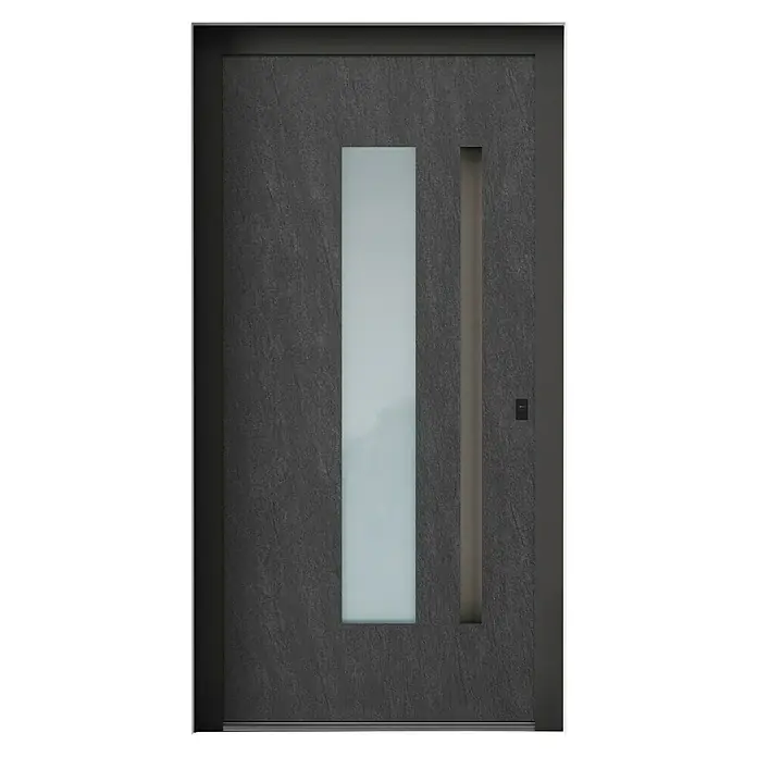 Aurelis Haustür BH 109 - 110 x 210 cm, DIN Anschlag: Rechts, Keramik Black/Weiß - Elegante graue Eingangstür mit vertikalen Glaselementen und modernem Design, ideal für ein stilvolles Zuhause.