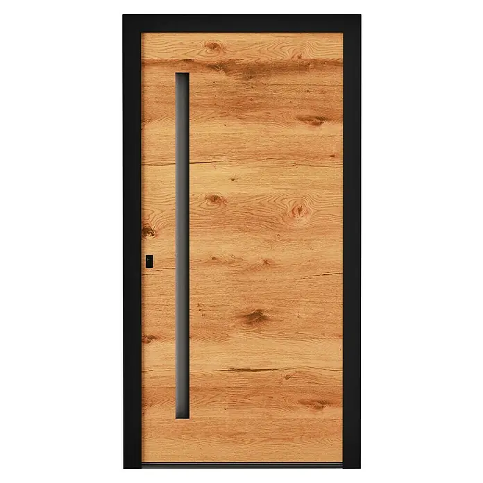 Aurelis Haustür BH 801 - 110 x 210 cm, DIN Anschlag: Links, Altholz Dekor/Weiß - Eine moderne Holztür mit schwarzem Rahmen und einem stilvollen, vertikalen Griff in Grau. Zeitgemäßes Design für einladende Hauseingänge.