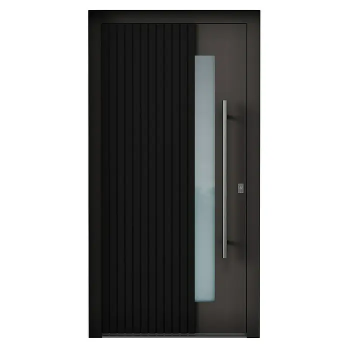 Aurelis Haustür BH 1111 - 110 x 210 cm, DIN Anschlag: Rechts, Silbergrau/Weiß - Moderne Haustür in Anthrazit mit senkrechten Fräsungen und Glaselement mit Edelstahlgriff. Einladend und stilvoll.