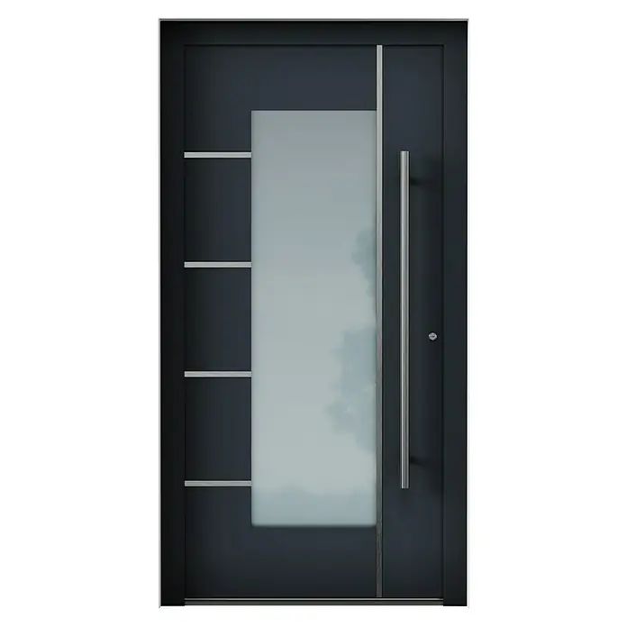 Aurelis Haustür BH 431 - 110 x 210 cm, DIN Anschlag: Rechts, Anthrazitgrau/Weiß - Elegante moderne Haustür in Anthrazit mit großem Glaseinsatz und einem langen, vertikalen Griff. Zeitgemäßes Design für einen stilvollen Eingangsbereich.