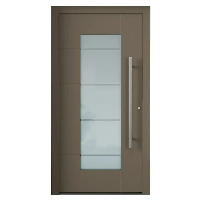 Aurelis Haustür BH 411 - 110 x 210 cm, DIN Anschlag: Rechts, Beigegrau/Weiß - Eine moderne Haustür in Braun mit einem vertikalen Fenster und einem langen, silbernen Griff.
