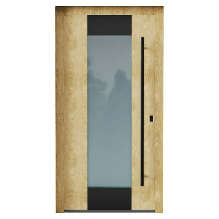Aurelis Haustür BH 421 - 110 x 210 cm, DIN Anschlag: Rechts, Eiche hell Dekor/Weiß - Moderne Haustür mit Holzrahmen und Glaseinsatz, ideal für ein stilvolles und helles Zuhause.