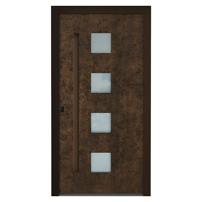 Aurelis Haustür BH 609 - 110 x 210 cm, DIN Anschlag: Links, Keramik Corten/Weiß - Moderne Haustür aus braunem Metall mit vier quadratischen Glaseinsätzen und einem vertikalen Griff. Stilvolles Design für ein einladendes Zuhause.