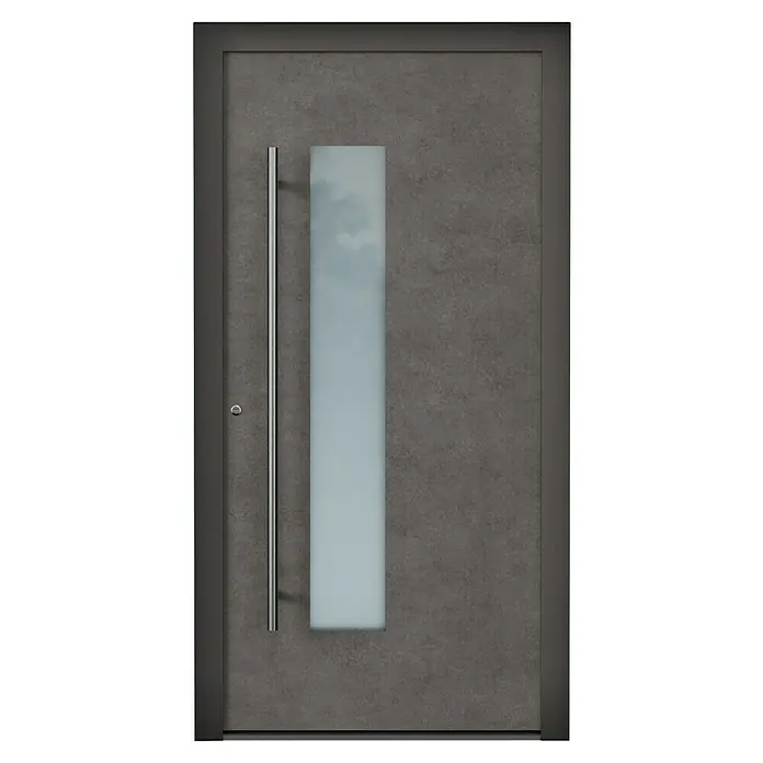 Aurelis Haustür BH 119 - 110 x 210 cm, DIN Anschlag: Links, Keramik Piombo/Weiß - Graue Haustür mit schmalem, senkrechtem Fenster und einem langen, geraden, silbernen Griff. Die Tür ist modern und minimalistisch gestaltet.