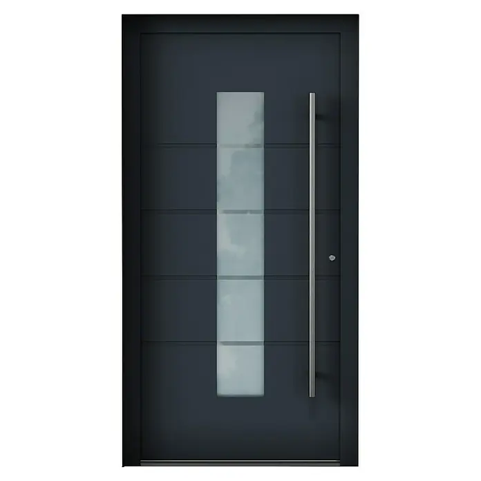 Aurelis Haustür BH 121 - 110 x 210 cm, DIN Anschlag: Rechts, Anthrazitgrau/Weiß - Moderne Haustür in Anthrazitgrau mit vertikalem Glaseinsatz und langem, silberfarbenem Griff. Elegantes Design für ein stilvolles Zuhause.