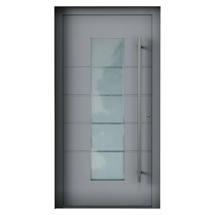Aurelis Haustür BH 311 - 110 x 210 cm, DIN Anschlag: Rechts, Fenstergrau/Weiß - Moderne Haustür mit Glaseinsatz und langem, vertikalem Griff. Die Tür ist grau und hat ein schlichtes, elegantes Design.