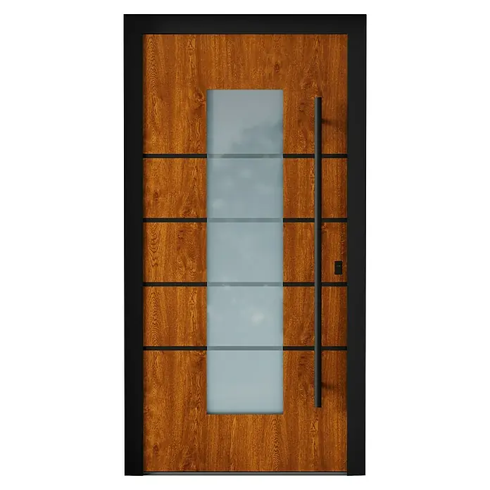 Aurelis Haustür BH 321 - 110 x 210 cm, DIN Anschlag: Rechts, Eiche dunkel Dekor/Weiß - Elegante Haustür mit Holzstruktur, Glaseinsatz und modernem Türgriff für einen stilvollen Eingangsbereich.