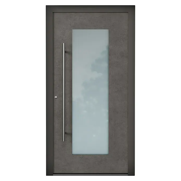 Aurelis Haustür BH 409 - 110 x 210 cm, DIN Anschlag: Links, Keramik Piombo/Weiß - Eine moderne Haustür mit grauer Oberfläche, einem länglichen Glaseinsatz und einem schlanken, vertikalen Türgriff, die Eleganz und Funktionalität vereint.