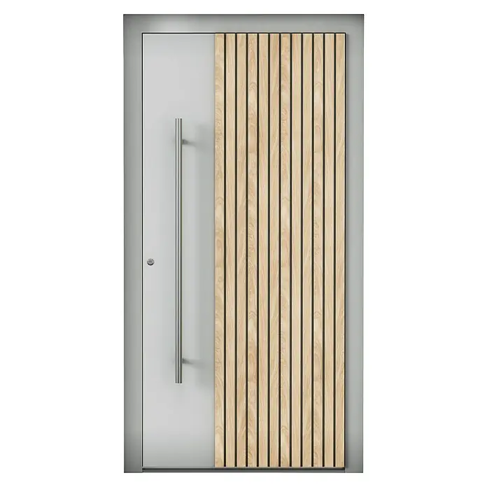 Aurelis Haustür BH 1121 - 110 x 210 cm, DIN Anschlag: Links, Lichtgrau/Weiß - Moderne Haustür mit vertikalen Holzlamellen und einem langen, schlanken Griff. Die Tür kombiniert schlichtes Design mit natürlicher Holzoptik.