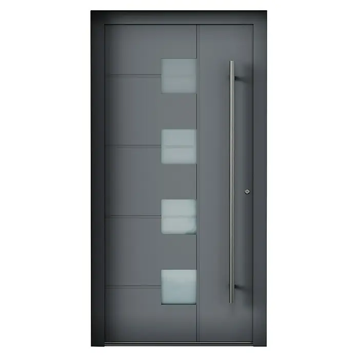 Aurelis Haustür BH 611 - 110 x 210 cm, DIN Anschlag: Rechts, Fenstergrau/Weiß - Moderne Haustür in Grau mit vertikalem Griff und quadratischen Glaseinsätzen. Stilvolles Design für einen einladenden Eingangsbereich.