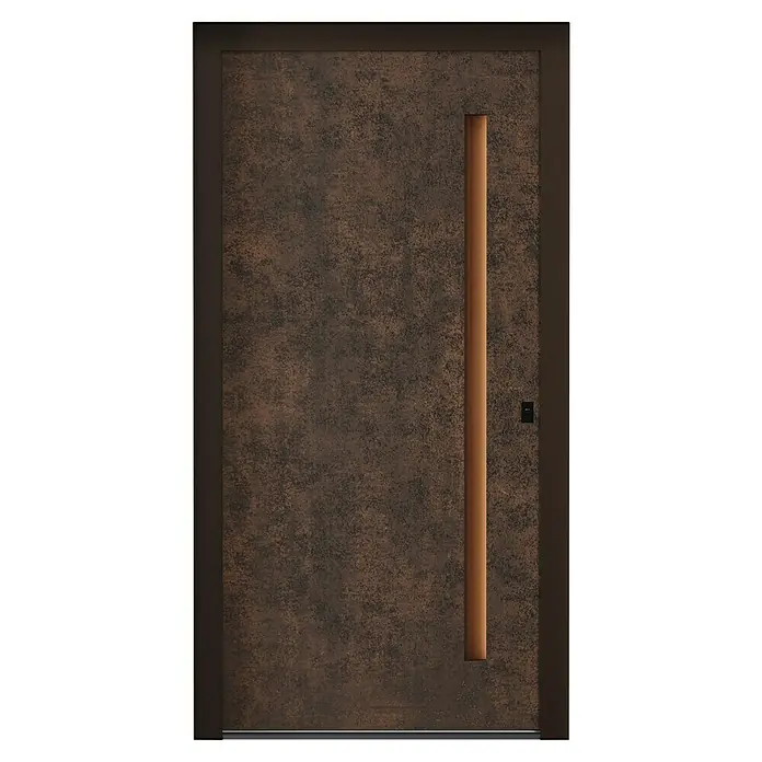 Aurelis Haustür BH 809 - 110 x 210 cm, DIN Anschlag: Rechts, Keramik Corten/Weiß - Eine moderne Haustür mit einer markanten, vertikalen Griffleiste und einer strukturierten Oberfläche in warmen Brauntönen.