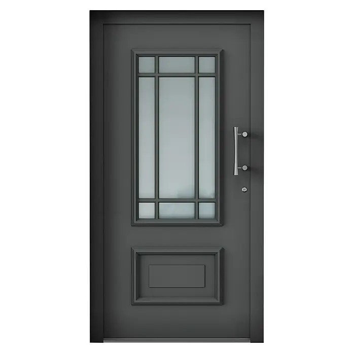 Aurelis Haustür BH 1011 - 110 x 210 cm, DIN Anschlag: Rechts, Eisengrau/Weiß - Elegante graue Tür mit Glaseinsatz und modernem Griff. Perfekt für einen stilvollen Eingangsbereich und einladendes Ambiente.