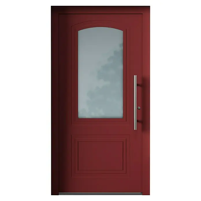 Aurelis Haustür BH 1001 - 110 x 210 cm, DIN Anschlag: Rechts, Purpurrot/Weiß - Rote Haustür mit einem länglichen Fenster oben und einem rechteckigen Feld unten, sowie einem silbernen Türgriff.
