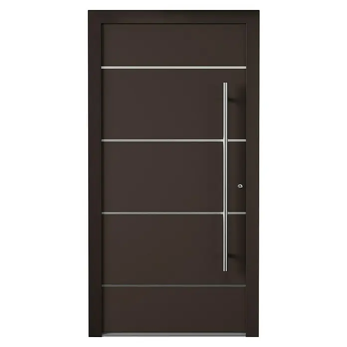 Aurelis Haustür BH 821 - 110 x 210 cm, DIN Anschlag: Rechts, Schokoladenbraun/Weiß - Elegante, moderne Haustür in dunklem Braun mit horizontalen, silbernen Akzenten und einem langen, senkrechten Griff. Stilvolles Design für ein einladendes Zuhause.