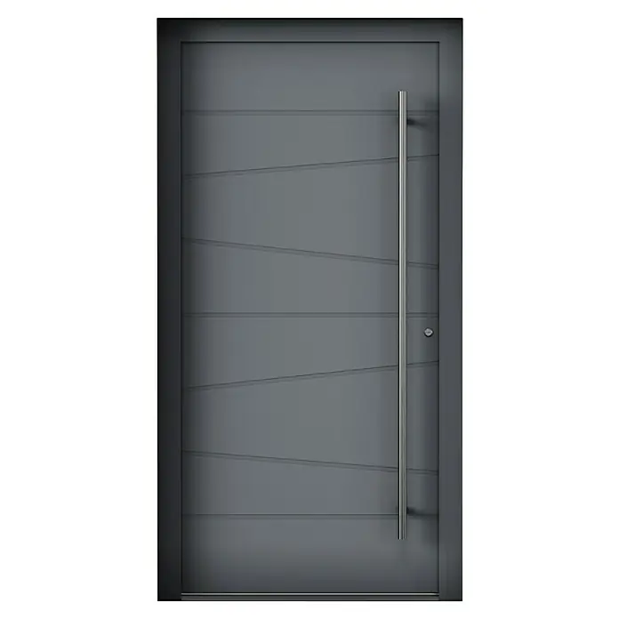 Aurelis Haustür BH 901 - 110 x 210 cm, DIN Anschlag: Rechts, Fenstergrau/Weiß - Eine moderne, graue Haustür mit horizontalen Linien und einem langen, vertikalen Türgriff aus Metall. Ideal für ein stilvolles Zuhause.