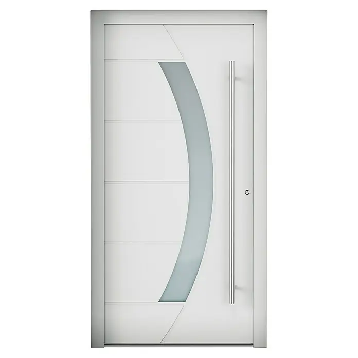Aurelis Haustür BH 711 - 110 x 210 cm, DIN Anschlag: Rechts, Lichtgrau/Weiß - Elegante weiße Haustür mit stilvollem Design. Das Highlight ist das bogenförmige Glaselement, das für einen modernen Look sorgt.
