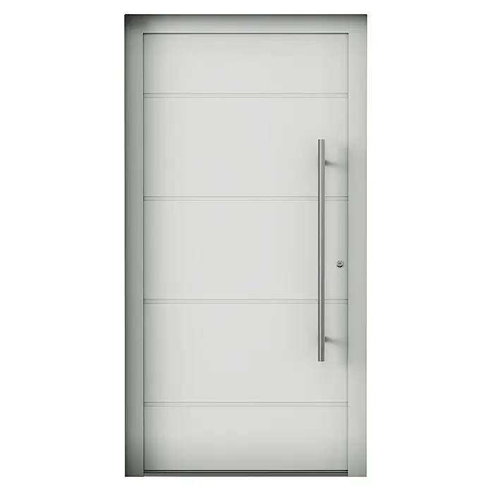 Aurelis Haustür BH 811 - 110 x 210 cm, DIN Anschlag: Rechts, Lichtgrau/Weiß - Elegante weiße Haustür mit modernem Design und einem schlanken, vertikalen Türgriff, ideal für ein stilvolles Zuhause.