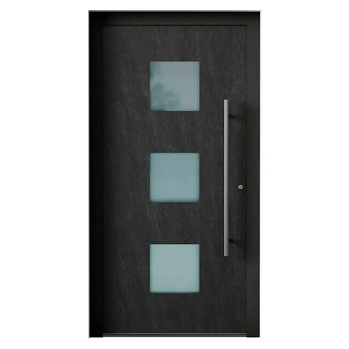 Aurelis Haustür BH 509 - 110 x 210 cm, DIN Anschlag: Rechts, Keramik Black/Weiß - Moderne Tür mit drei quadratischen Fenstern und einem langen, silbernen Griff. Stilvolles Design für ein modernes Zuhause.