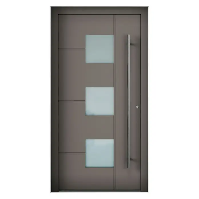 Aurelis Haustür BH 511 - 110 x 210 cm, DIN Anschlag: Rechts, Silbergrau/Weiß - Moderne Haustür in Braun mit drei quadratischen Glaseinsätzen und einem vertikalen, silberfarbenen Griff.