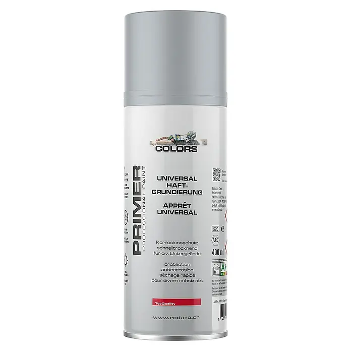 Colors Farbspray Universalgrundierung Sprühlack 400ml Grau - Grau, Sprühdose - Dose Universal Haftgrundierung von Rodaro für professionelle Lackierarbeiten, schnelltrocknend und mit Korrosionsschutz.