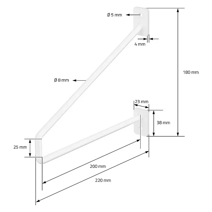 ML-Design Schwerlastregal Regalstütze Haarnadel 2er Set solide Regalwinkel Industrial Metall - H x B x T: 22 x 2,3 x 18 cm, Schrauben, Weiß - Eine Detailansicht eines weißen Handtuchhalters mit Maßangaben, die die Abmessungen und Durchmesser verschiedener Teile hervorheben.