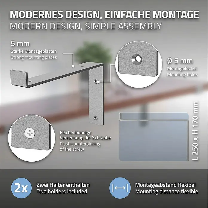 ML-Design Schwerlastregal Industrielle Wandregal Grau, Regalträger Regalhalterungen - H x B x T: 17 x 4 x 25,5 cm, Schrauben, Grau - Produktbild eines modernen, silbernen Wandregalhalters mit hervorgehobenen Details zu Montage und Design.