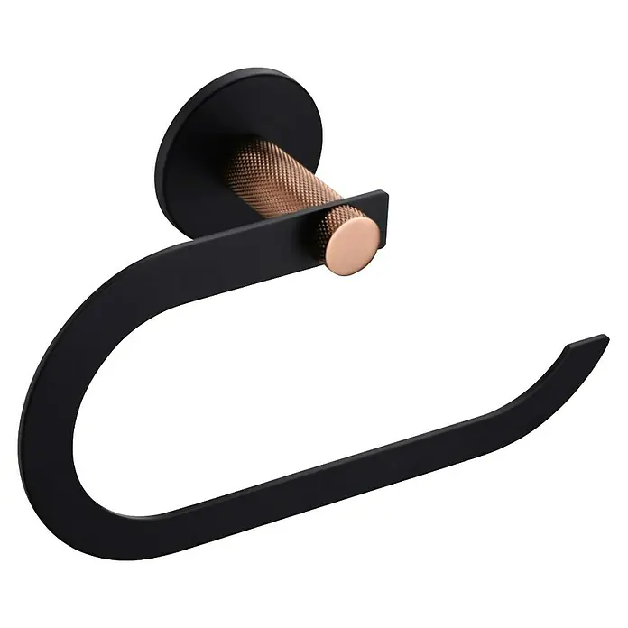 Bath Stage B-Luxor Toallero de anilla - Negro/ Oro rosa - Toallero de mano negro y dorado para el baño. El producto tiene un diseño moderno con base redonda y brazo elegante.