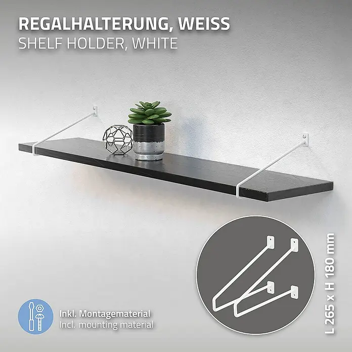 ML-Design Schwerlastregal Regalstütze Haarnadel 2er Set solide Regalwinkel Industrial Metall - H x B x T: 26,5 x 2,3 x 18 cm, Schrauben, Weiß - Regalhalterung, weiß mit einem schwarzen Regal, an einer weißen Wand befestigt. Inklusive Montagematerial und Größenangabe.