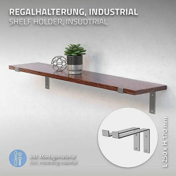 ML-Design Schwerlastregal Industrielle Wandregal Grau, Regalträger Regalhalterungen - H x B x T: 17 x 4 x 25,5 cm, Schrauben, Grau - Bild einer Regalhalterung im Industrial-Stil mit einer Holzablage, ideal für moderne Innenräume.