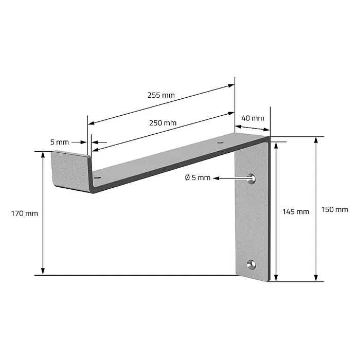 ML-Design Schwerlastregal Industrielle Wandregal Grau, Regalträger Regalhalterungen - H x B x T: 17 x 4 x 25,5 cm, Schrauben, Grau - Abbildung einer grauen, gewinkelten Wandhalterung mit Maßangaben zu Länge, Höhe und Materialstärke zur Veranschaulichung.