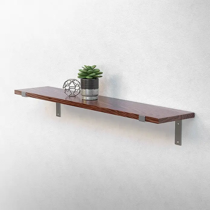 ML-Design Schwerlastregal Industrielle Wandregal Grau, Regalträger Regalhalterungen - H x B x T: 17 x 4 x 25,5 cm, Schrauben, Grau - Wandregal aus Holz mit silbernen Halterungen, darauf eine Pflanze und ein dekorativer Ball.