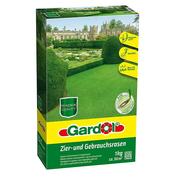 Gardol Windsor Rasensamen Zierrasen - 1 kg, 50 m² - Eine Packung Gardol Zier- und Gebrauchsrasen, ideal für die Rasenpflege und -reparatur, verspricht Windsor-Qualität und eine Fläche von ca. 50 m².