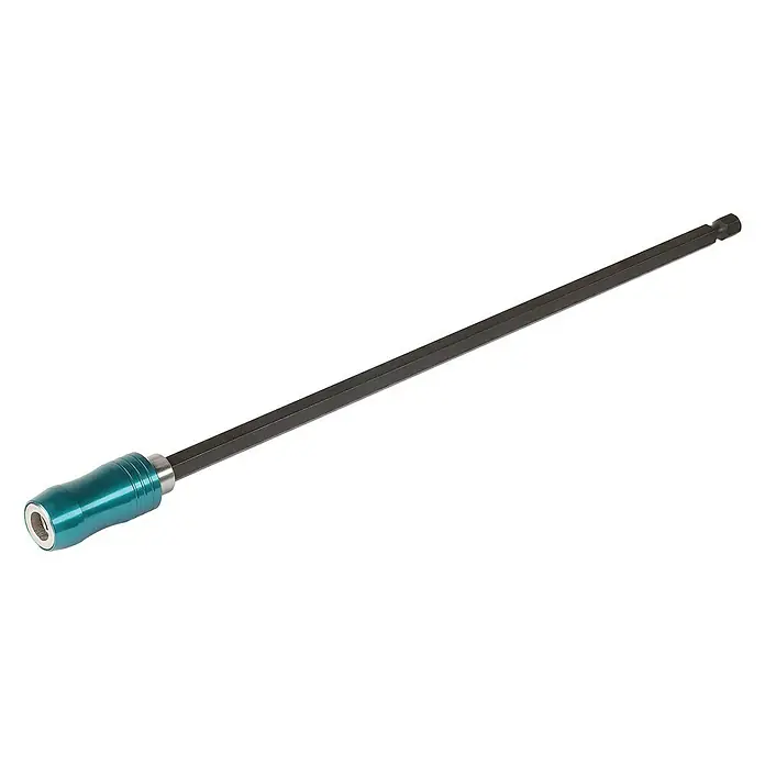 Wolfcraft Portabits para herramientas eléctricas - Largo: 250 mm - La imagen muestra un portabrocas con un mango verde azulado y un eje hexagonal largo, utilizado para taladros de impacto o taladros.