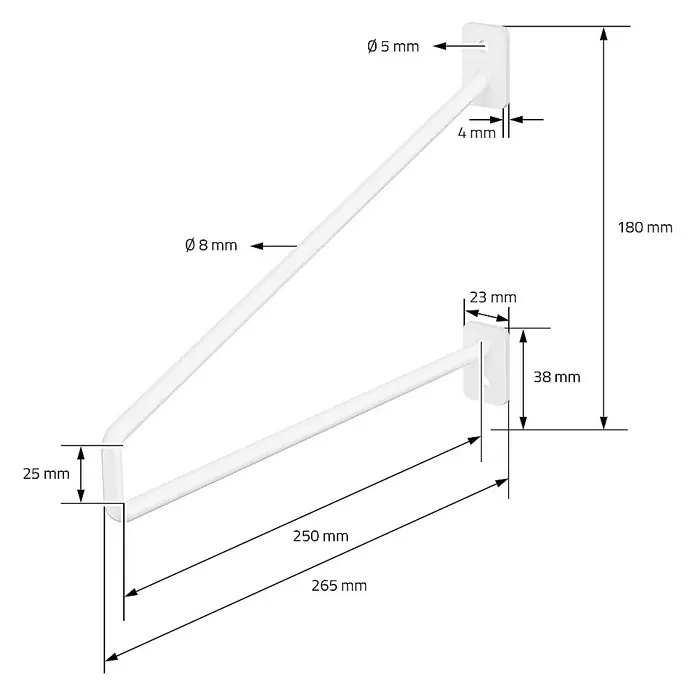 ML-Design Schwerlastregal Regalstütze Haarnadel 4er Set solide Regalwinkel Industrial Metall - H x B x T: 18 x 26,5 x 2,3 cm, Schrauben, Weiß - Abbildung einer weißen Handtuchstange mit genauen Maßangaben zu Länge, Durchmesser und Montageabstand für eine detaillierte Produktansicht.