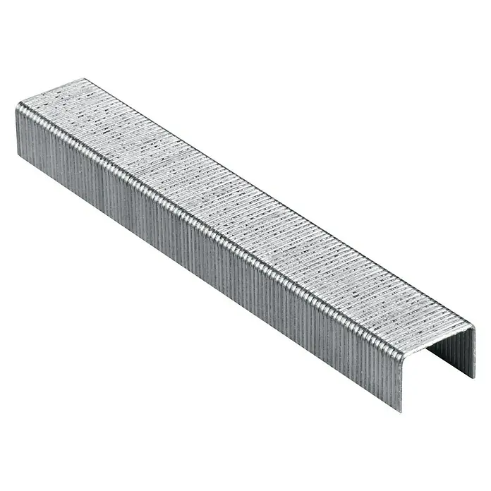Bosch Feindrahtklammer Typ 53 - Länge: 10 mm, Rückenbreite: 11,4 mm, 1.000 Stk. - Eine Nahaufnahme einer Reihe von Heftklammern, die zum Befestigen von Papier oder anderen Materialien verwendet werden. Das Bild zeigt die glänzenden, metallischen Heftklammern.