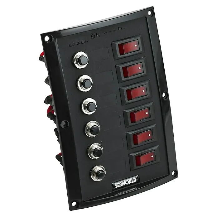 Talamex Automaten-Schalttafel - 114 x 165 mm, 12 V, 6 Schalter mit indirekter Beleuchtung - Schwarze Seaworld-Schalttafel mit sechs Kippschaltern und sechs Druckknöpfen für die Bootsinstallation.