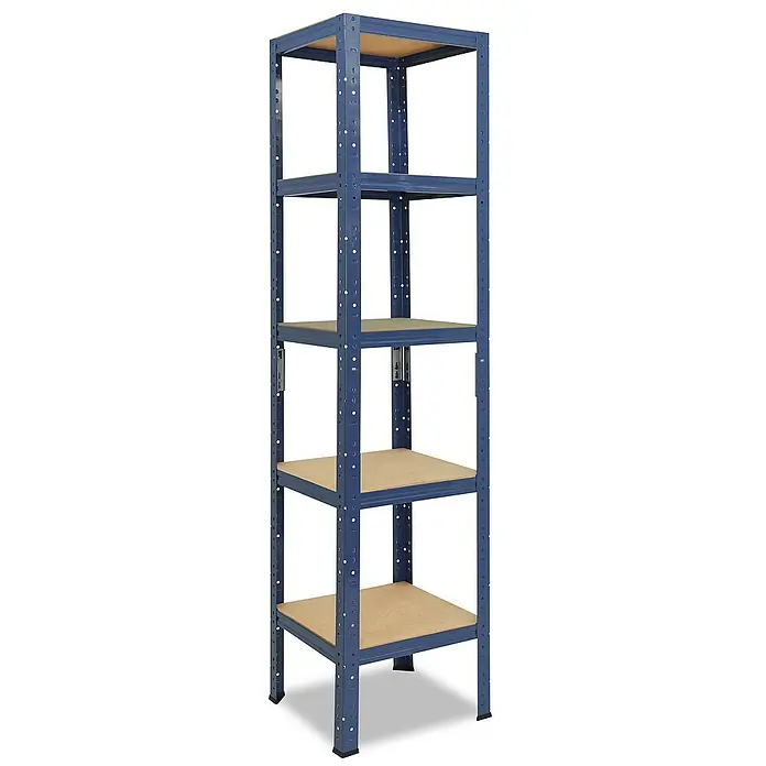 shelfplaza Schwerlastregal HOME - H x B x T: 155 x 50 x 50 cm, Traglast pro Boden: 175 kg, Stecken, blau - Das Bild zeigt ein blaues Metallregal mit fünf Holzregalböden. Das Regal ist hoch und schmal, geeignet für Lagerung.