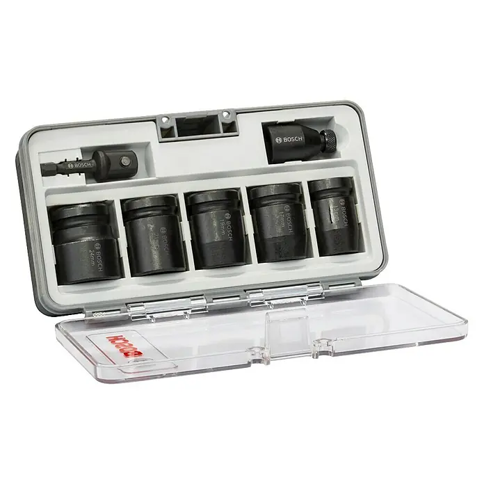 Bosch Set de llaves de vaso Impact Control - 7 pzs. - Esta imagen muestra un juego de vasos Bosch en una caja gris con tapa transparente. Dispone de tamaños de vaso que van de 13 mm a 24 mm.