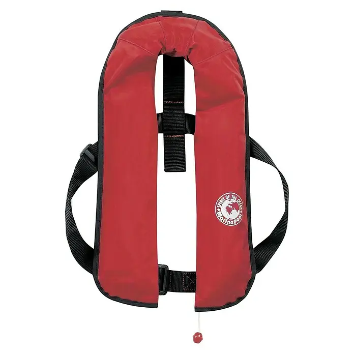 Marinepool Manuelle Rettungsweste ISO Classic 150 N - Geeignet für Gewicht: 40 kg, Auftrieb: 150 N, Manuell - Rote Marinepool Schwimmweste mit schwarzen Gurten und "Spirit of the Ocean"-Logo für zusätzliche Sicherheit auf dem Wasser.