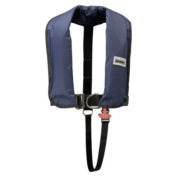 Marinepool Automatik-Rettungsweste ISO Classic 150N - Auftrieb: 150 N, Geeignet für Gewicht: 40 kg, Automatik/Manuell - Eine marineblaue, aufblasbare Rettungsweste mit schwarzem Gurtband und einer roten Zuglasche, ideal für Segler und Wassersportler.