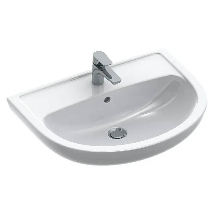 Gustavsberg Concentus Pure Waschtisch - 65 x 48,5 cm, Ohne Spezialglasur, Hahnloch: Mitte, Mit Überlauf, Weiß - Bild eines weißen Aufsatzwaschbeckens mit einem modernen, verchromten Wasserhahn.
