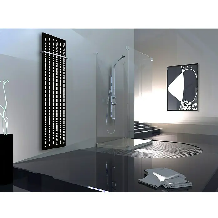 Szagato Designheizkörper Broken Mirror 3 - B x H: 470 x 1.800 mm, Wärmeleistung bei Vorlauftemperatur von 75 °C (D: 50): 1.118 W, Weiß/Schwarz, Mit 1 Handtuchhalter (15 mm) - Elegantes Badezimmer mit modernem Heizkörper in Schwarz, der ein stilvolles Designelement darstellt und Wärme spendet.
