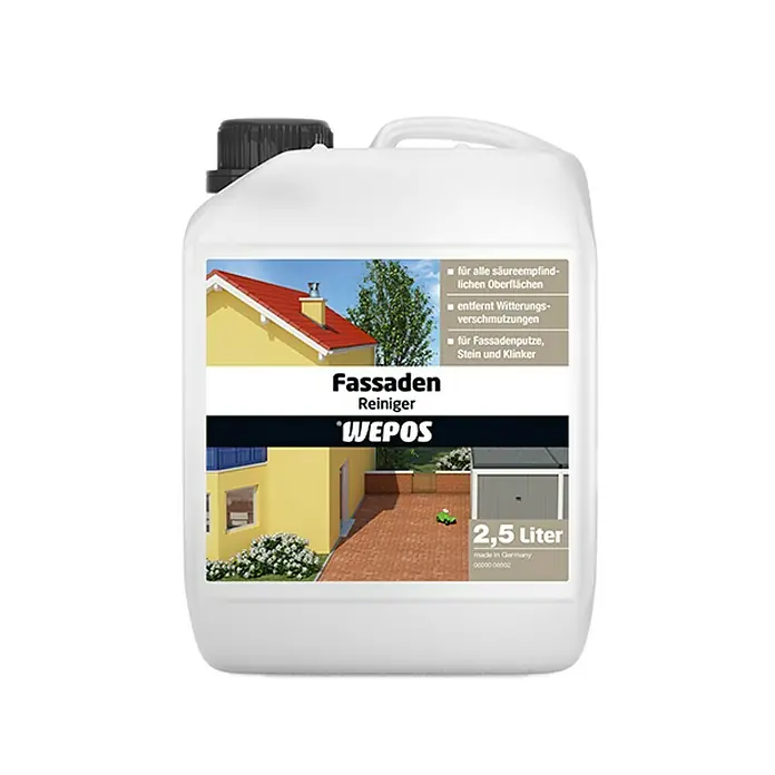 Wepos Fassadenreiniger - 2,5 l - Fassadenreiniger von Wepos, 2,5 Liter. Für säureempfindliche Oberflächen, entfernt Witterungsverschmutzungen. Made in Germany.