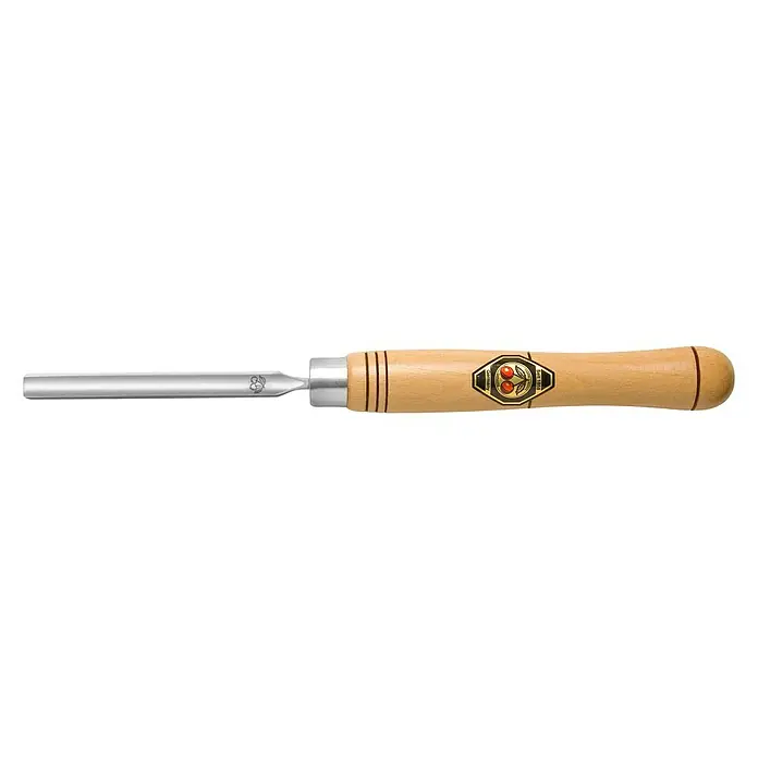 Kirschen Drechslerbeitel - Form Schneide: Hohl, Klingenbreite: 12 mm - Stecheisen mit Holzgriff und silberfarbener Klinge. Das Stecheisen hat ein Logo mit zwei Kirschen auf dem Holzgriff.