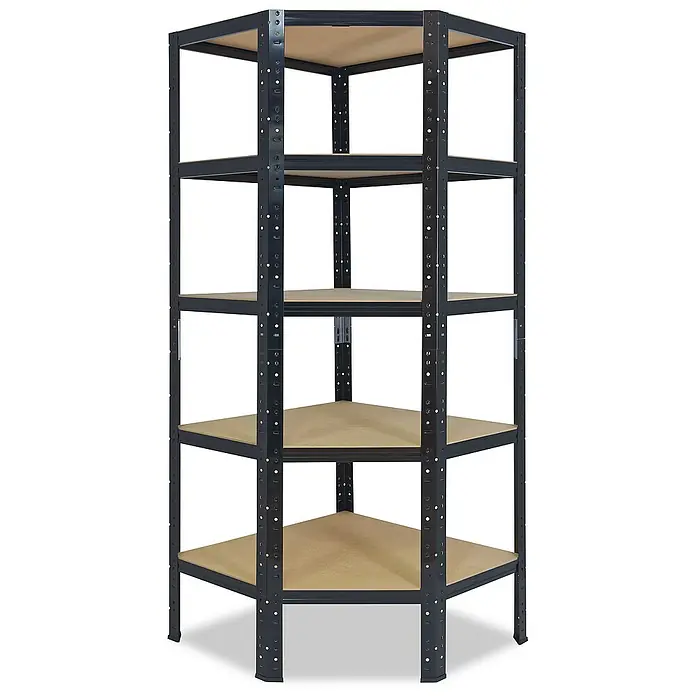 shelfplaza Schwerlastregal BLACK - H x B x T: 200 x 70 x 40 cm, Traglast pro Boden: 175 kg, Stecken, schwarz - Dieses Bild zeigt ein Eckregal mit fünf Regalböden, das sich ideal zur optimalen Nutzung von Ecken eignet. Das Regal ist stabil und vielseitig einsetzbar.