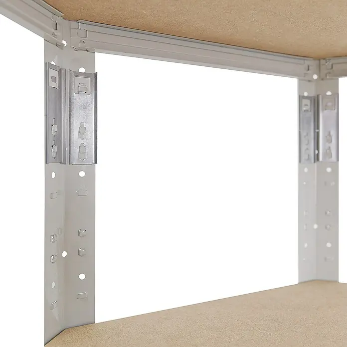 shelfplaza Schwerlastregal OFFICE - H x B x T: 230 x 60 x 30 cm, Traglast pro Boden: 175 kg, Stecken, lichtgrau - Detailaufnahme eines Regalsystems mit robusten Metallstützen und einer stabilen Holzablagefläche.